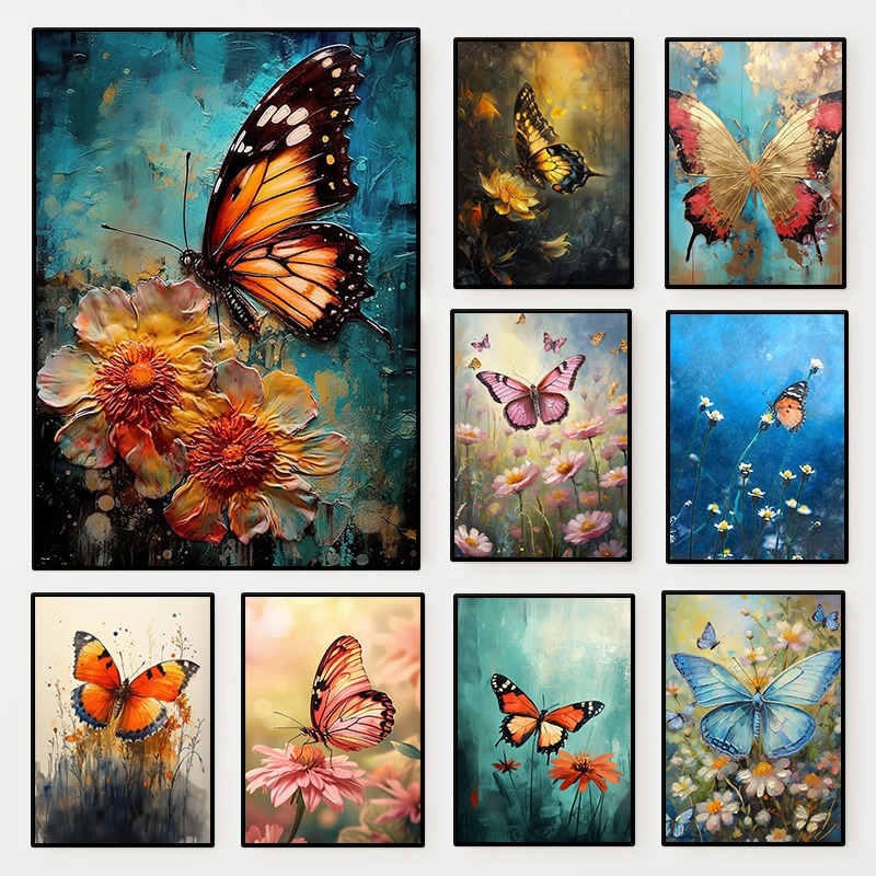 Resin Art Flower - Poster Floreale con Farfalle, Stampa Artistica
